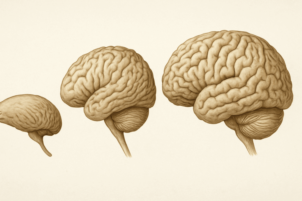 Side-by-side comparison of mouse, dolphin, chimpanzee, and human brains showing increasing complexity in cortical grooves to illustrate what are the folds of the brain called