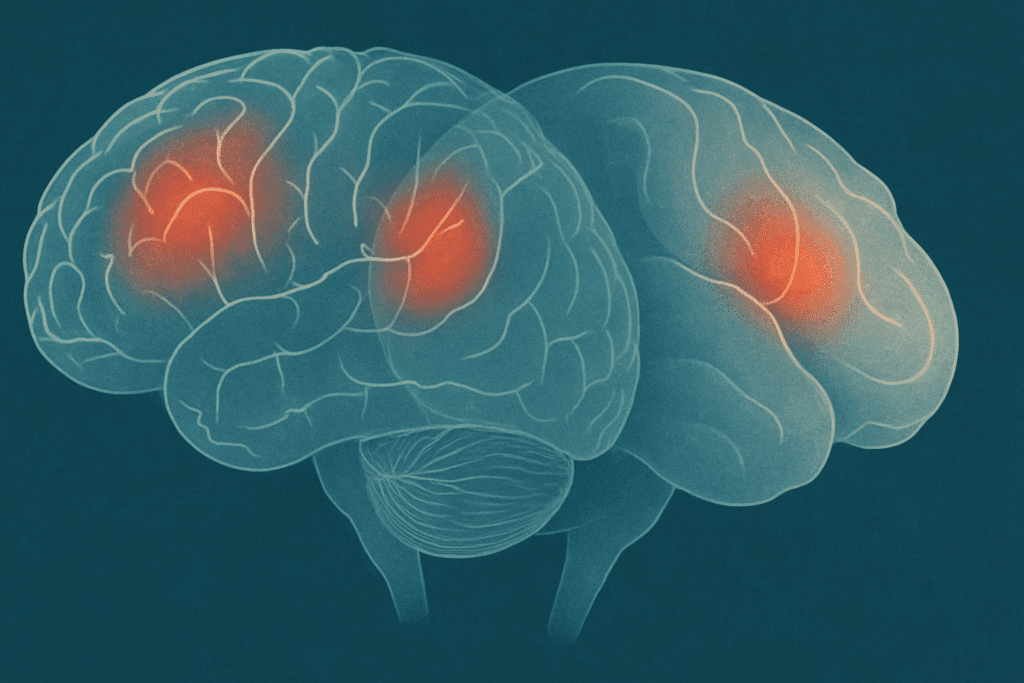 Two overlapping transparent brains showing structural differences with highlighted regions, illustrating what are the folds of the brain called in mental health contexts