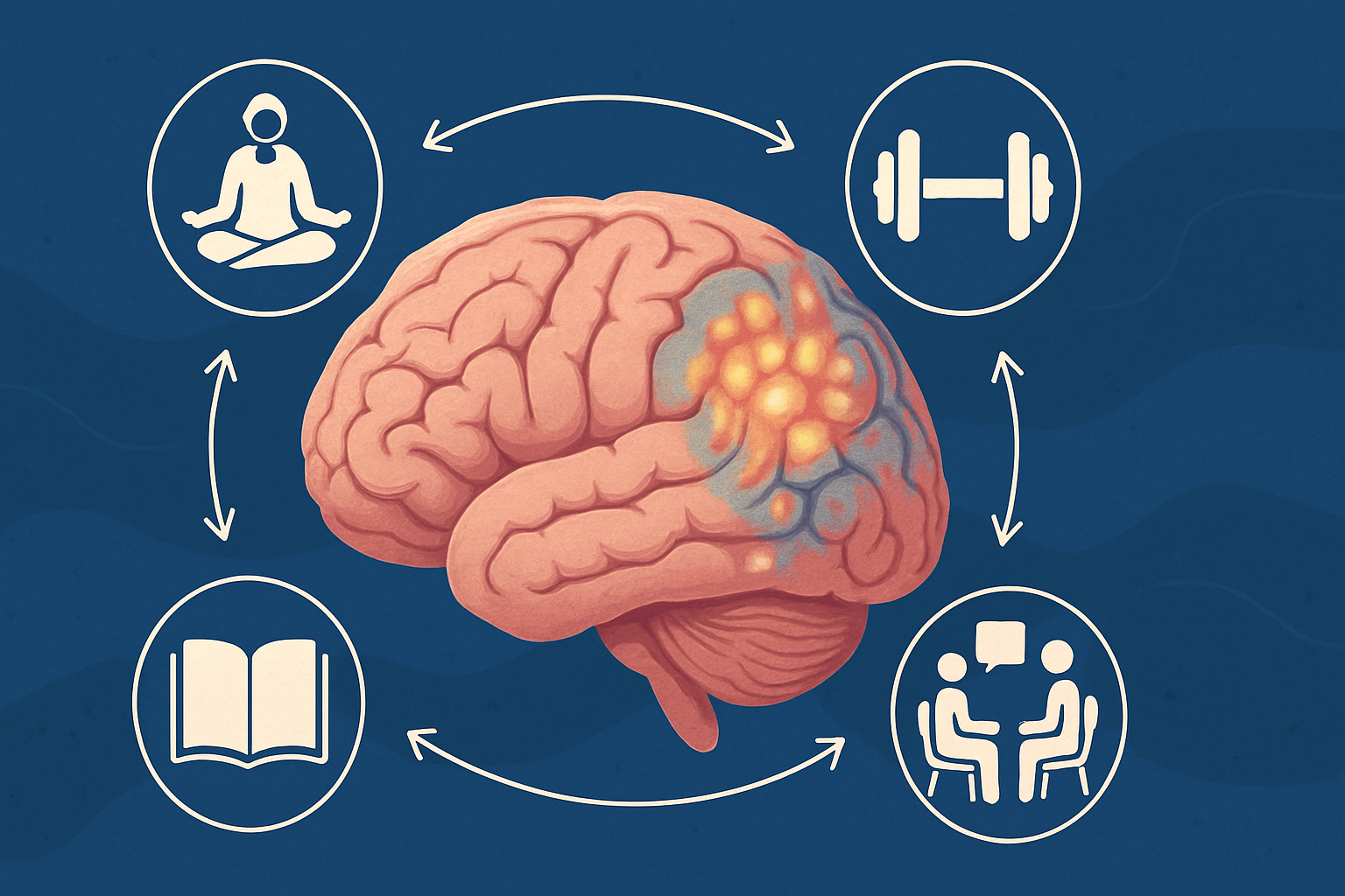 Infographic-style diagram illustrating neuroplasticity with glowing cortical regions and icons for activities that influence what are the folds of the brain called