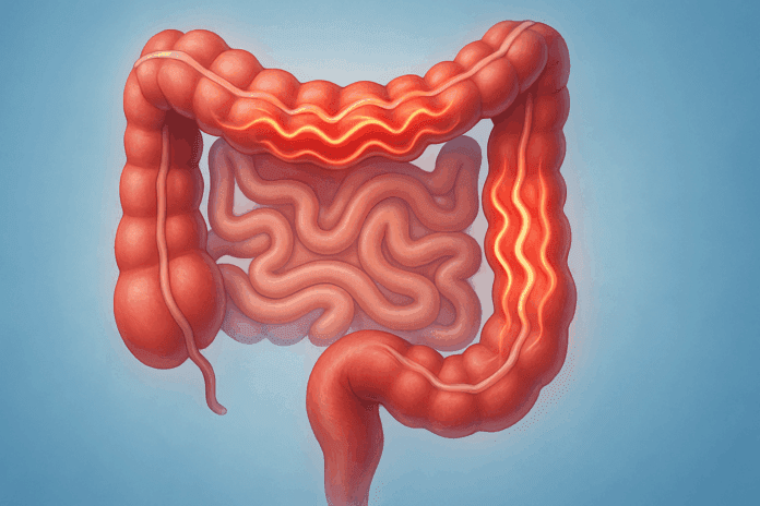 Medical illustration of the human large intestine showing tense, wavy muscle spasms in the colon to depict what causes spastic colon attacks