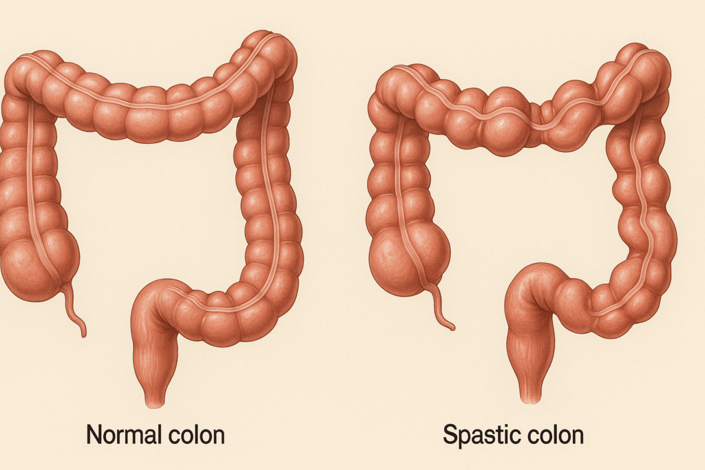 Side-by-side medical diagram showing a healthy colon next to a spastic colon with muscle contractions, illustrating what causes spastic colon attacks