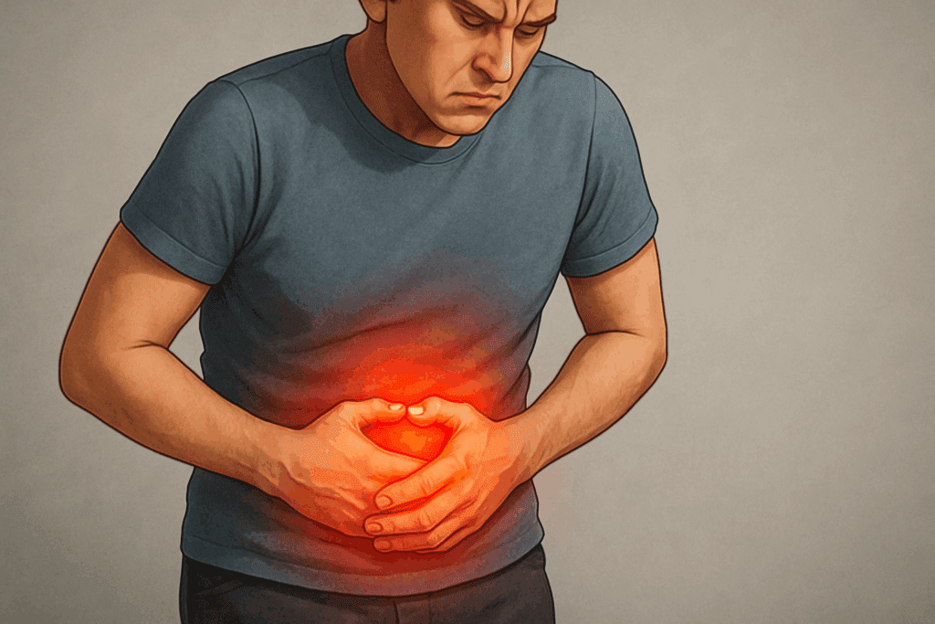 Person clutching lower abdomen in pain with red glow highlighting discomfort, illustrating What Causes Spastic Colon Attacks
