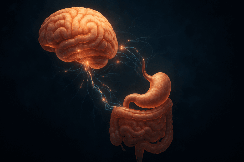 Artistic rendering of the gut-brain axis with glowing neural pathways between brain and intestines, symbolizing stress-related communication linked to what causes spastic colon attacks.