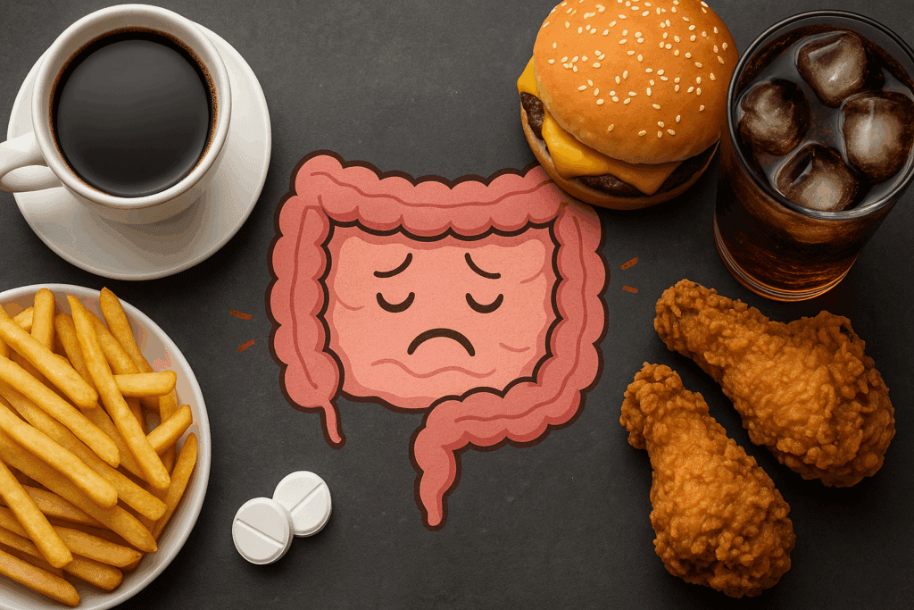 Distressed cartoon intestine surrounded by coffee, soda, fried foods, and artificial sweeteners illustrating what causes spastic colon attacks