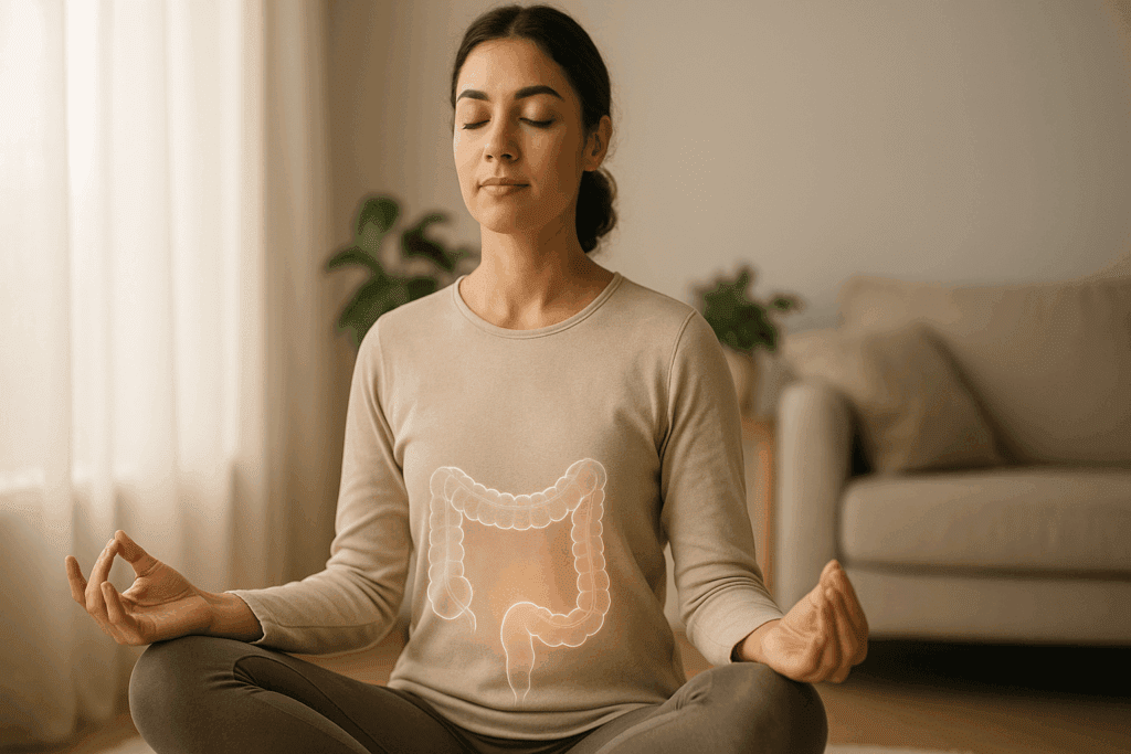 Woman practicing mindfulness meditation with soft lighting, visualizing gut healing to support recovery from what causes spastic colon attacks.