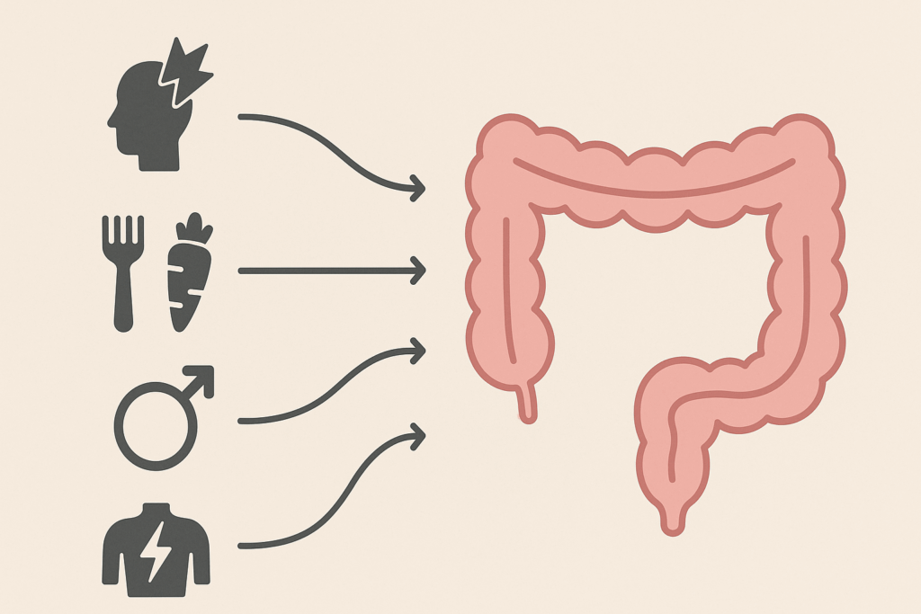 Minimalist infographic showing stress, poor diet, hormonal changes, and trauma as triggers linked by arrows to the colon, illustrating what causes spastic colon attacks.