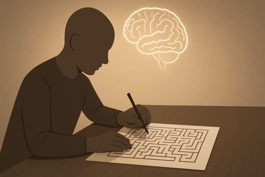 Person concentrating on solving a complex maze puzzle at a table, illustrating deep mental focus and the concept of what is cognitive training.