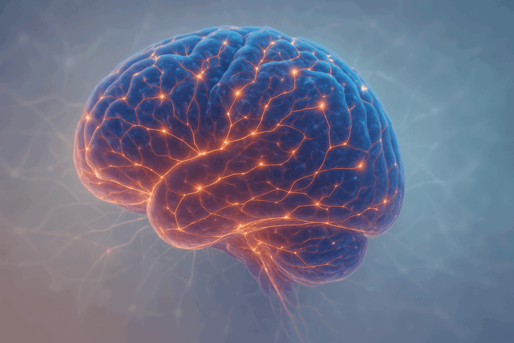 Glowing human brain forming new neural pathways against an abstract background, symbolizing neuroplasticity and brain adaptability, illustrating what is cognitive training.