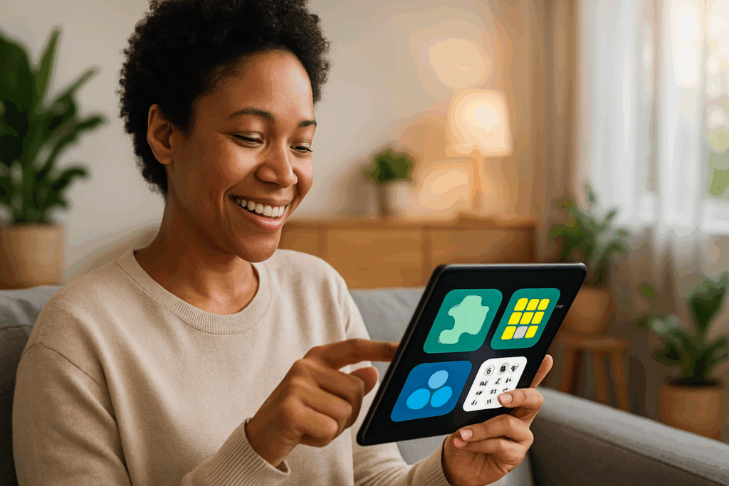 Smiling woman engaging with a brain-training app on a tablet in a cozy living room, illustrating what is cognitive training through interactive mental exercises.