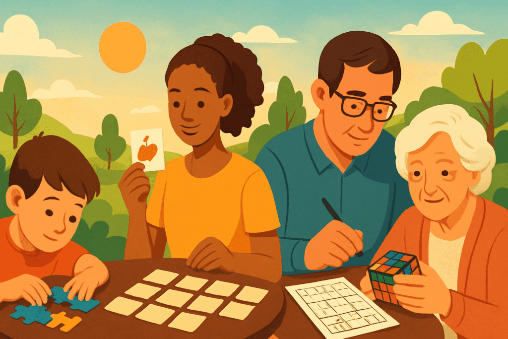 Diverse group of children, adults, and seniors engaging in puzzles, memory games, and brain challenges in a sunny park, illustrating what is cognitive training.