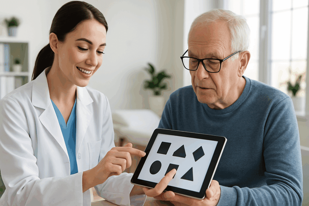 Healthcare professional guiding elderly patient through digital brain exercises during cognitive therapy session, illustrating what is cognitive training in preventive care.