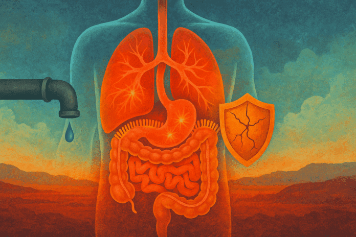 Conceptual illustration of the human digestive system showing inflammation and barrier damage, symbolizing what is leaky gut with a leaking pipe and cracked shield.