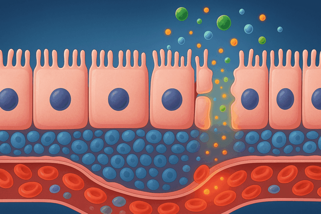 Cross-section of intestinal lining showing tight junctions versus leaky junctions with particles entering the bloodstream, illustrating what is leaky gut.