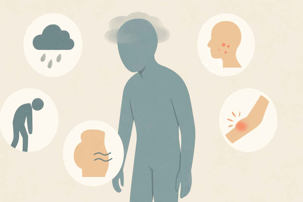 Symbolic illustration of a human figure showing symptoms like brain fog, fatigue, bloating, joint pain, and skin irritation, representing what is leaky gut.
