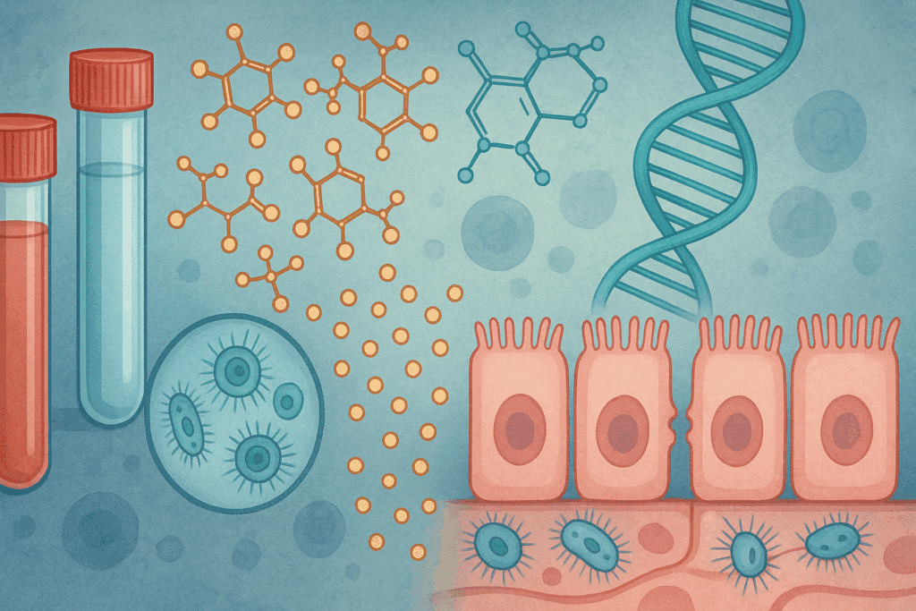 Medical illustration showing diagnostic tests for what is leaky gut, including sugar molecules, DNA strands, test vials, and intestinal cells.