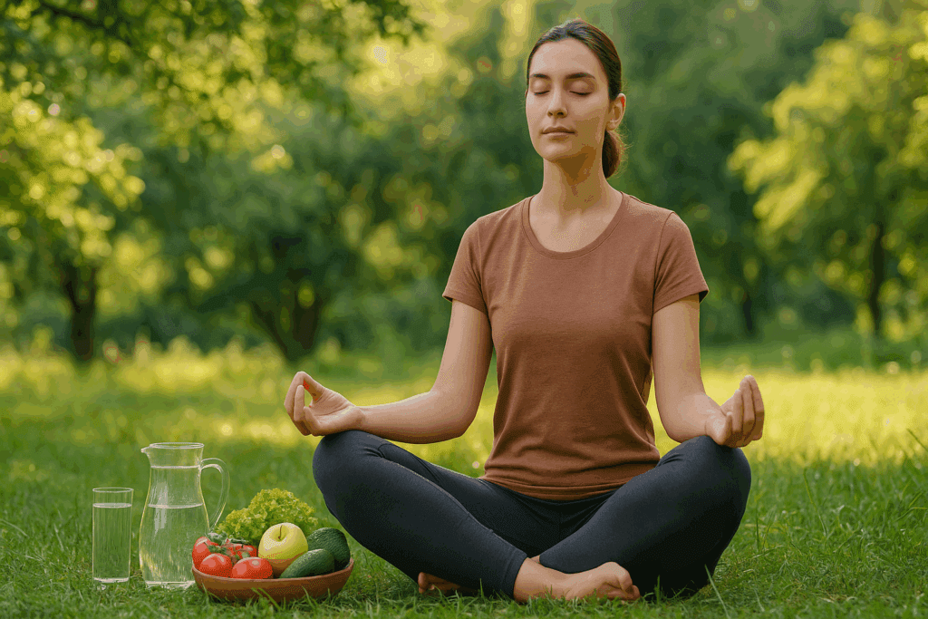 Woman meditating outdoors with fresh vegetables and water nearby, promoting mindfulness and detox for what is leaky gut recovery
