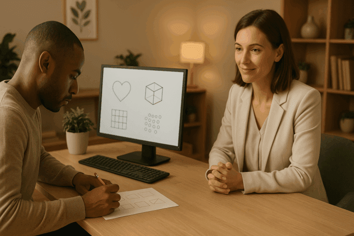 An adult participating in a cognitive assessment for adults in a professional, well-lit office setting. The individual is focused on a geometric shapes test while a clinician observes, emphasizing the importance of mental wellness and brain health during the assessment process.