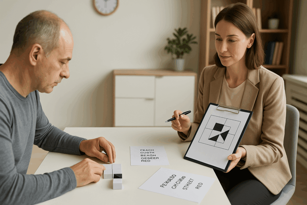 Psychologist administering a cognitive assessment for adults, including puzzle-solving and word recall tasks, in a professional assessment room.