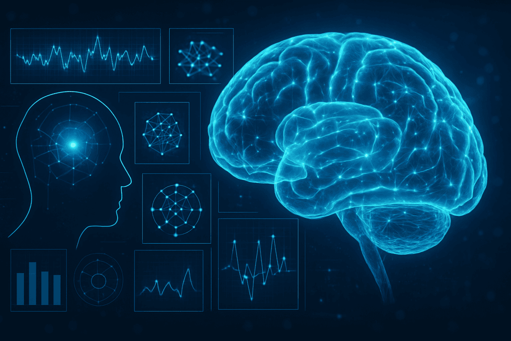 3D visualization of brain activity during cognitive assessment for adults, showcasing neural connections and brain scans to represent cognitive testing.