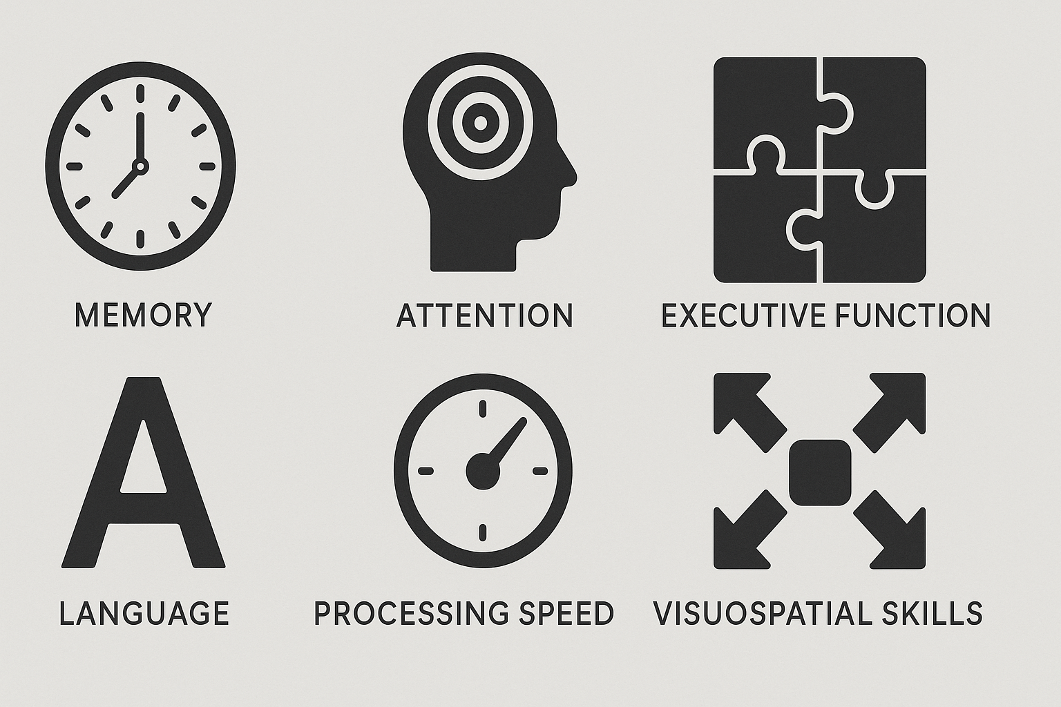 Infographic illustrating six categories of cognitive assessment for adults, including memory, attention, executive function, language, processing speed, and visuospatial skills.