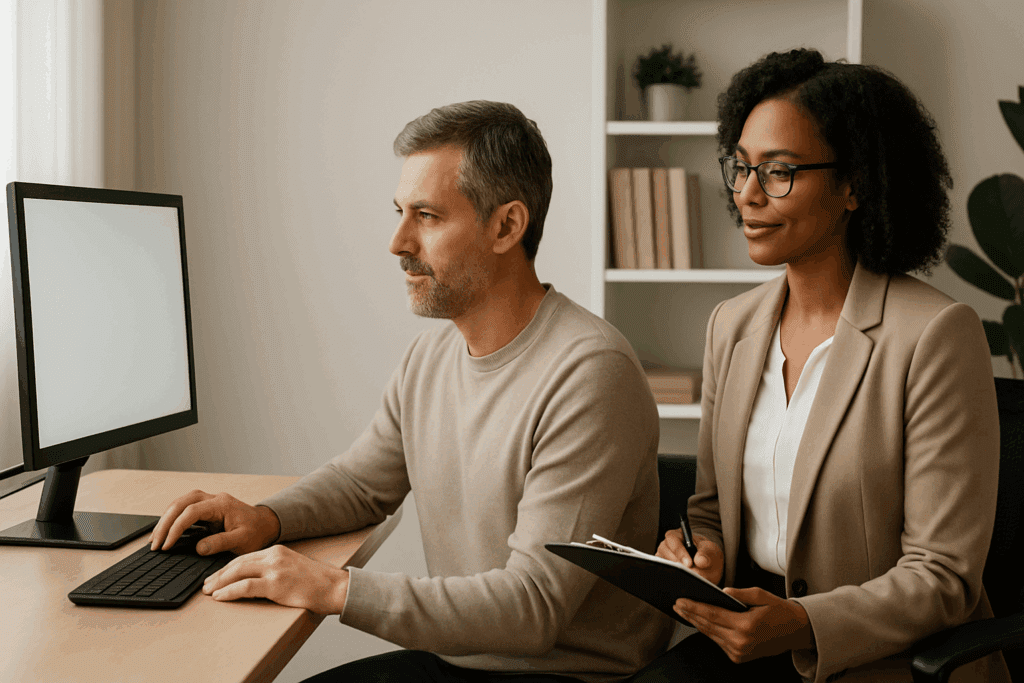 Clinician observing a calm cognitive assessment for adults as a man interacts with a computer in a professional setting