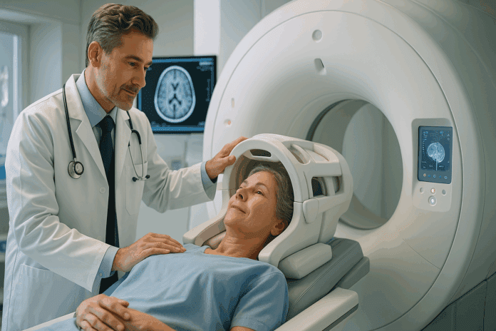 Neurologist performing a brain injury assessment on a patient during a detailed brain scan in a modern hospital setting