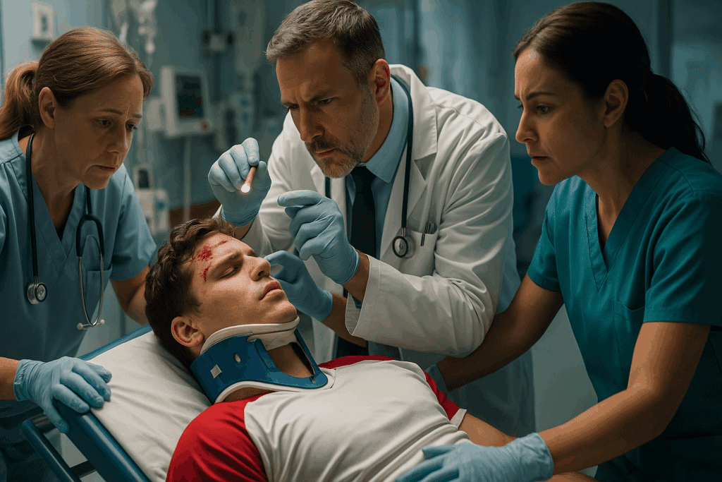 Emergency room medical team performing a Brain Injury Assessment on a young athlete with a head wound after a sports accident.