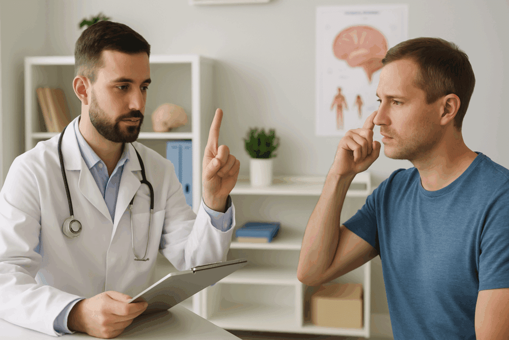 Doctor performing a Brain Injury Assessment by testing a patient's motor coordination and reaction time in a clinical setting