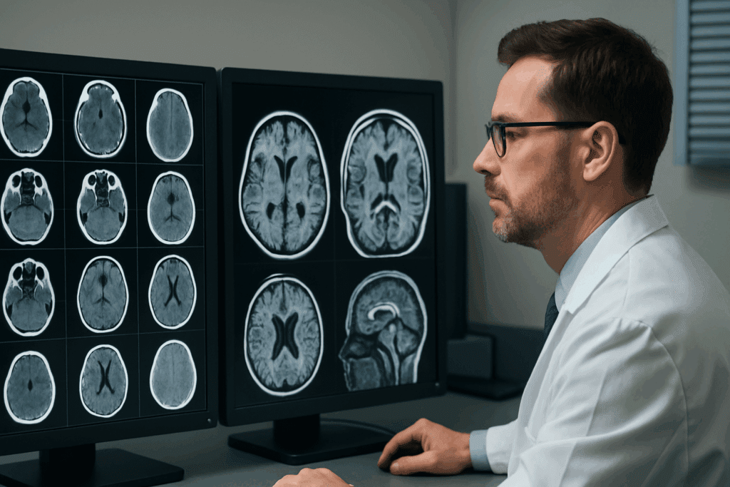 Radiologist reviewing detailed CT and MRI brain scans on dual monitors during a brain injury assessment in a clinical setting
