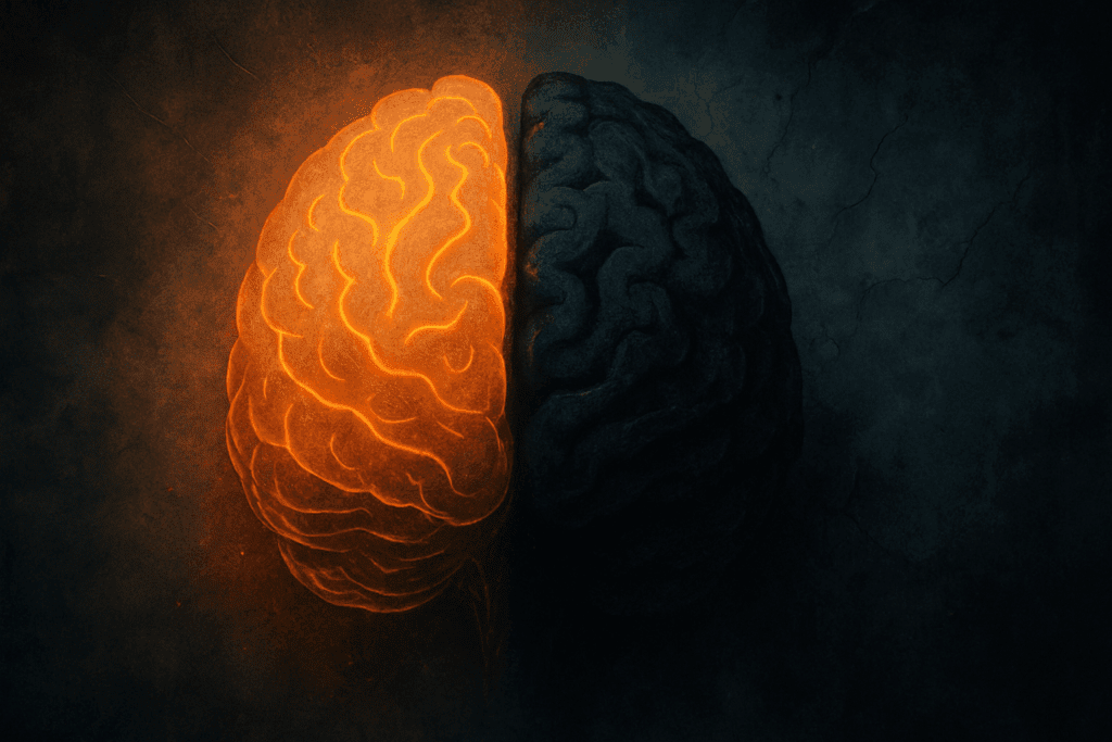 Abstract concept of a brain partly illuminated and partly darkened, symbolizing emotional struggles after trauma, related to Brain Injury Assessment.