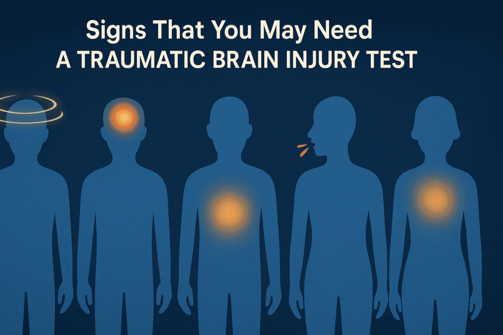 Infographic depicting symptoms highlighted on human silhouettes, illustrating signs that may require a Brain Injury Assessment