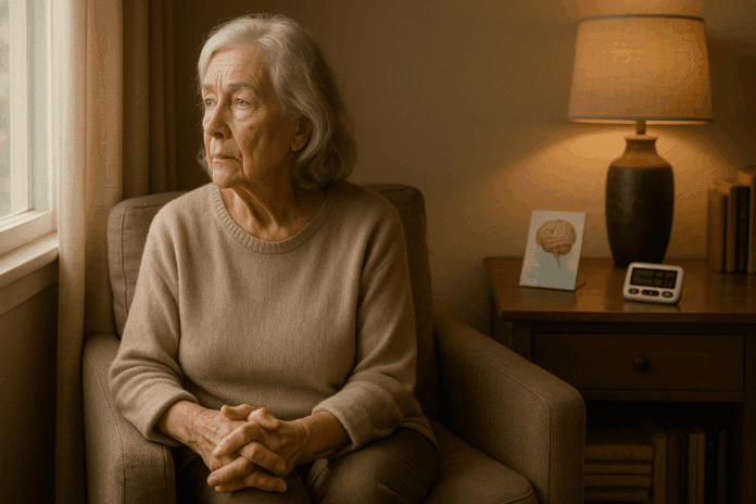 Thoughtful elderly woman gazing out window in warm home setting, with memory aid and medical brochure nearby, suggesting need to see a doctor for memory loss.
