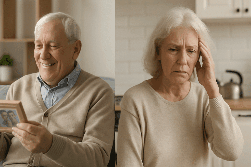 Older man smiling while recalling memories with family beside an older woman looking confused in her kitchen, highlighting when to see a doctor for memory loss.