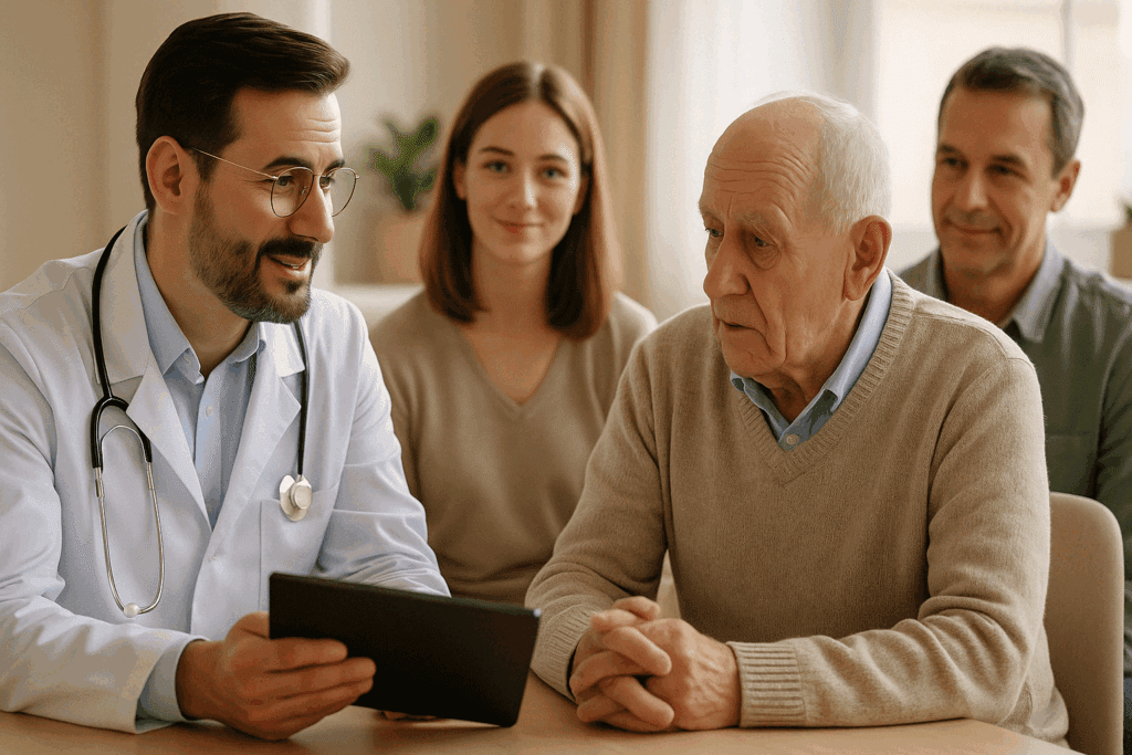 Compassionate doctor using a digital tablet to evaluate an elderly patient as family members observe, showing what it’s like to see a doctor for memory loss.