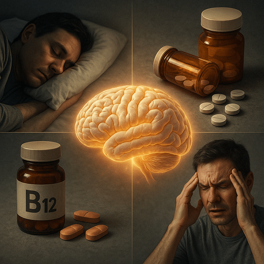 Glowing brain surrounded by visuals of stress, sleep, meds, and B12—reasons to see a doctor for memory loss.