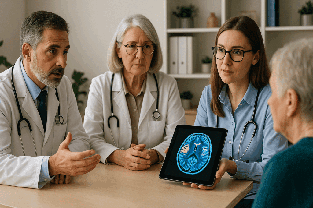 Neurologist, geriatrician, and neuropsychologist reviewing a brain scan with a caregiver during a consultation to see a doctor for memory loss