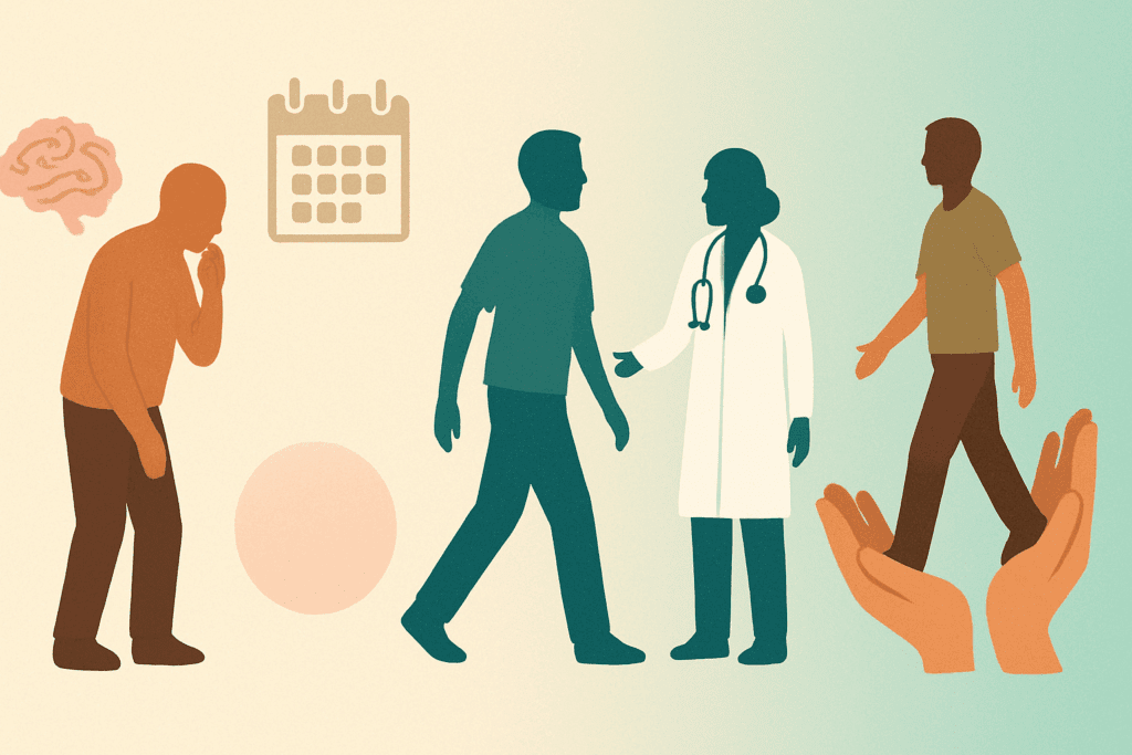 Diagram showing stages from memory lapses to improved outcomes with icons and silhouettes encouraging people to see a doctor for memory loss