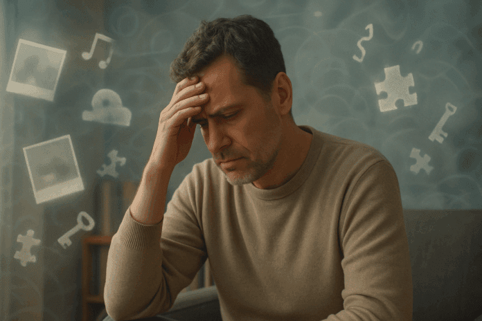Man sitting alone in a dimly lit room holding his forehead, surrounded by fading icons of keys and photos, symbolizing memory loss—illustrating the question why do I forget things so easily.