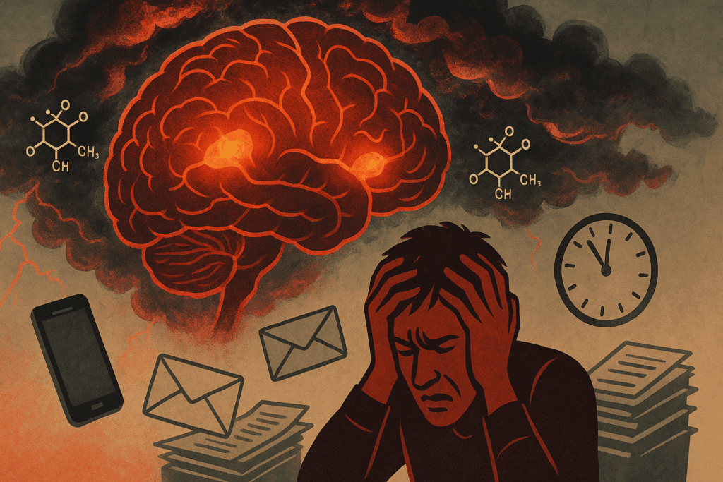 Stressed person overwhelmed by clutter and cortisol clouds, with brain regions lit up to illustrate Why do I forget things so easily