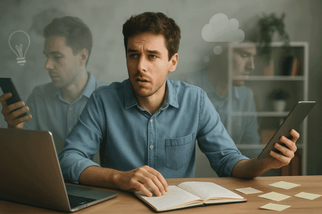 Overwhelmed young professional distracted at desk with ghosted duplicates showing multitasking, illustrating why do I forget things so easily due to mental overload.