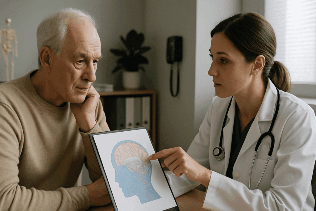 Older adult in a medical office discussing memory issues with a doctor pointing to a brain chart, illustrating concern about why do I forget things so easily