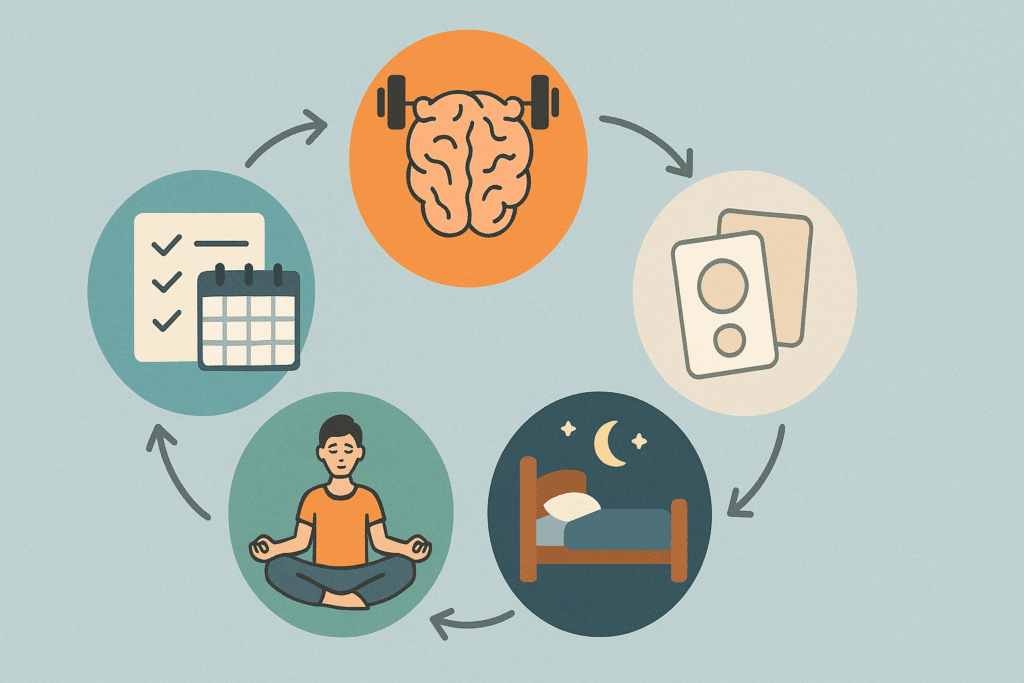 Infographic illustrating lifestyle strategies for memory improvement, answering 'Why do I forget things so easily' with icons for exercise, sleep, mindfulness, organization, nutrition, and spaced repetition