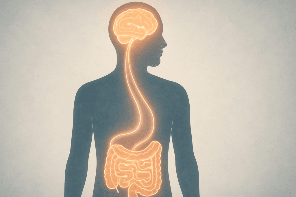 Medical illustration of the gut-brain axis showing glowing brain and intestines connected by light pathways, explaining why does my stomach feel tight