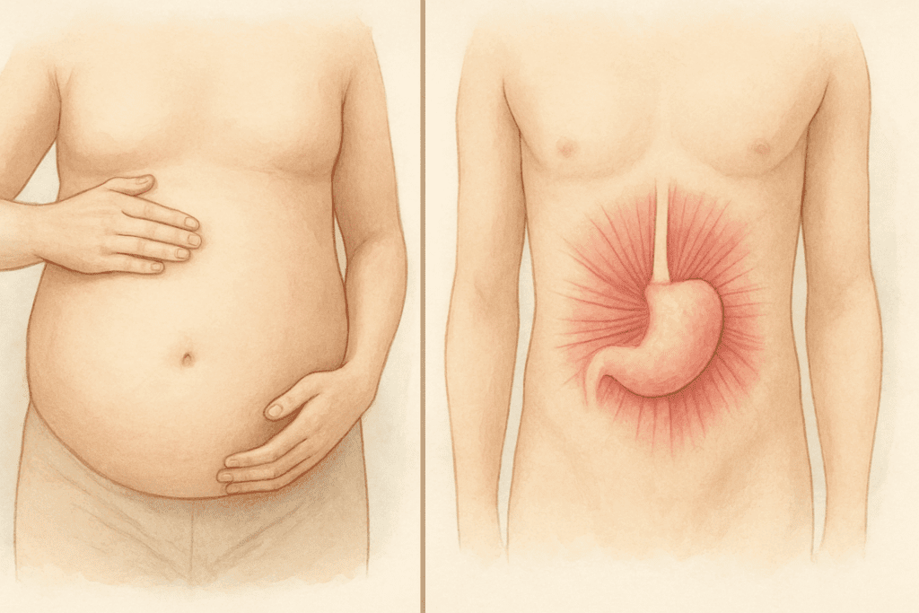 Split illustration comparing a bloated abdomen to stomach muscle tension, explaining why does my stomach feel tight