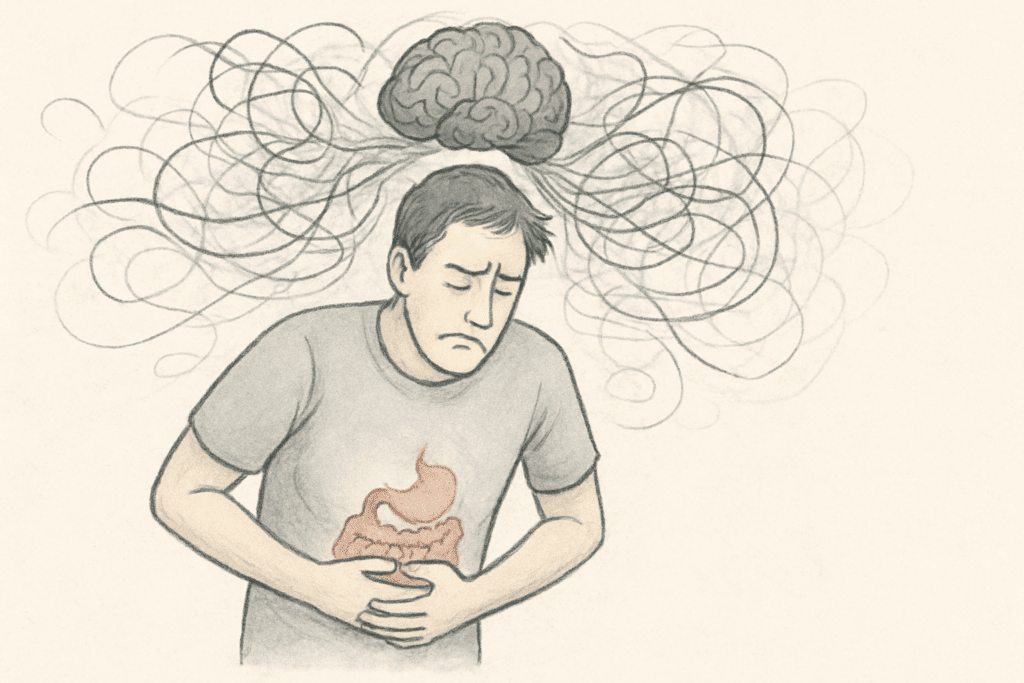 Human figure clutching stomach in discomfort, with swirling brain stress lines connecting to gut, symbolizing why does my stomach feel tight.