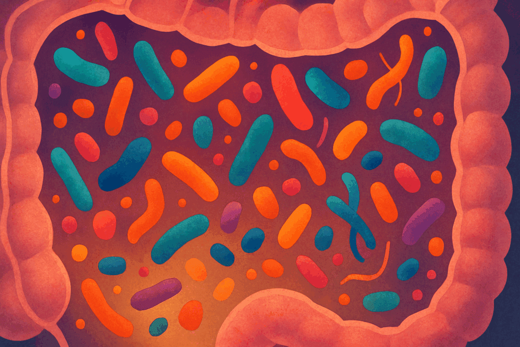 Colorful gut microbiota floating in a translucent intestine, visualizing microbiome complexity linked to why does my stomach feel tight.