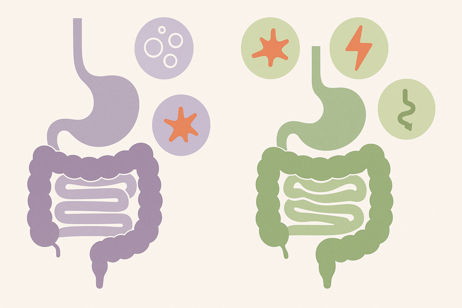 Side-by-side infographic showing digestive systems with symptoms like bloating and pain to illustrate why does my stomach feel tight