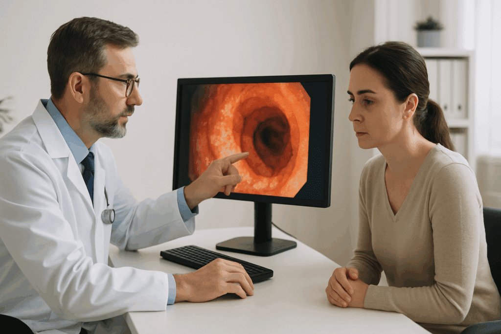 Doctor consulting with a patient about why the stomach hurt after a bowel movement, reviewing endoscopic visuals in a clinical setting.