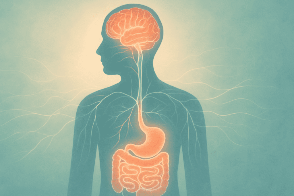 Silhouette of a human figure showing glowing brain and digestive system connections, illustrating how gut-brain communication affects stomach hurt after a bowel movement.