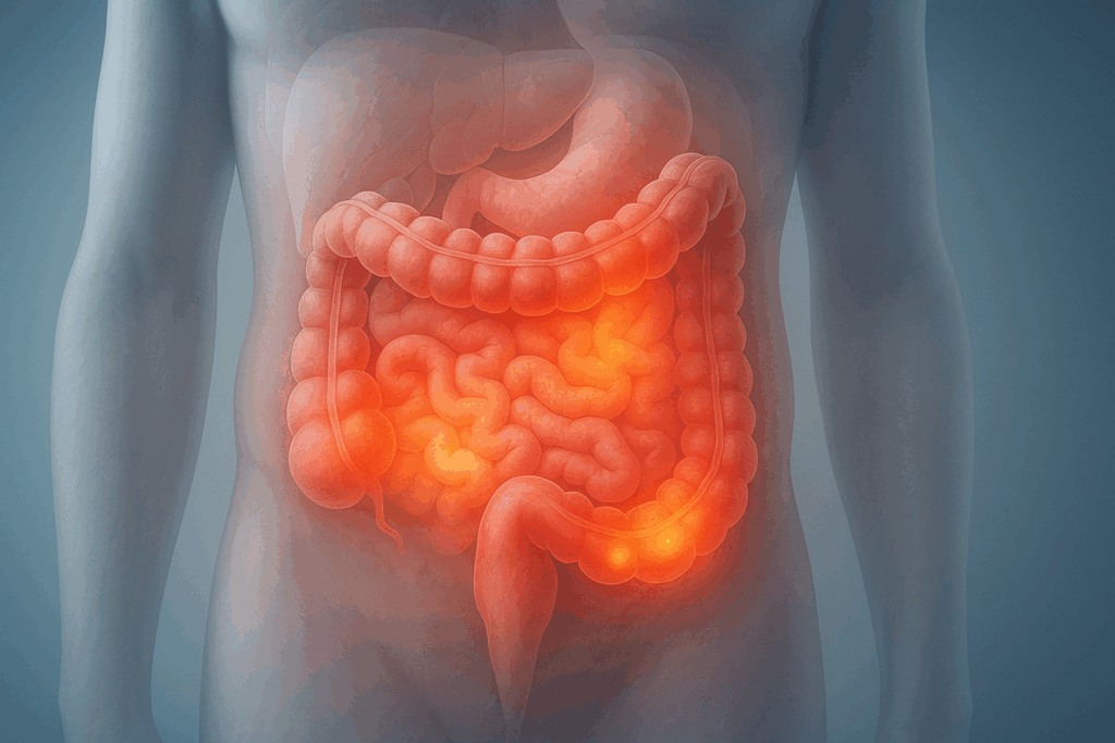 Digital medical illustration of intestines inflamed and glowing to depict stomach hurt after a bowel movement, highlighting areas of cramping and discomfort